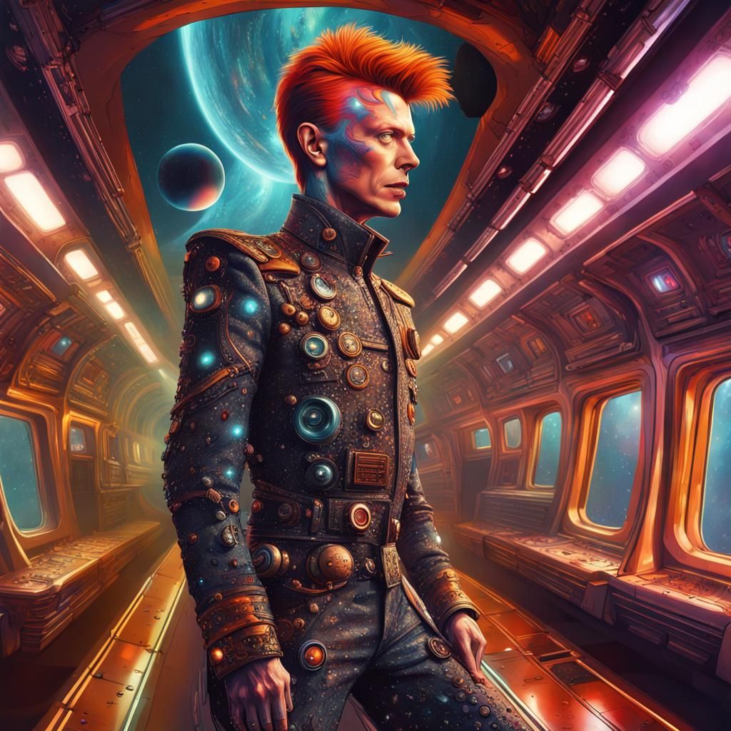 Psychedelic AI Robot David Bowie in Futuristic Scene