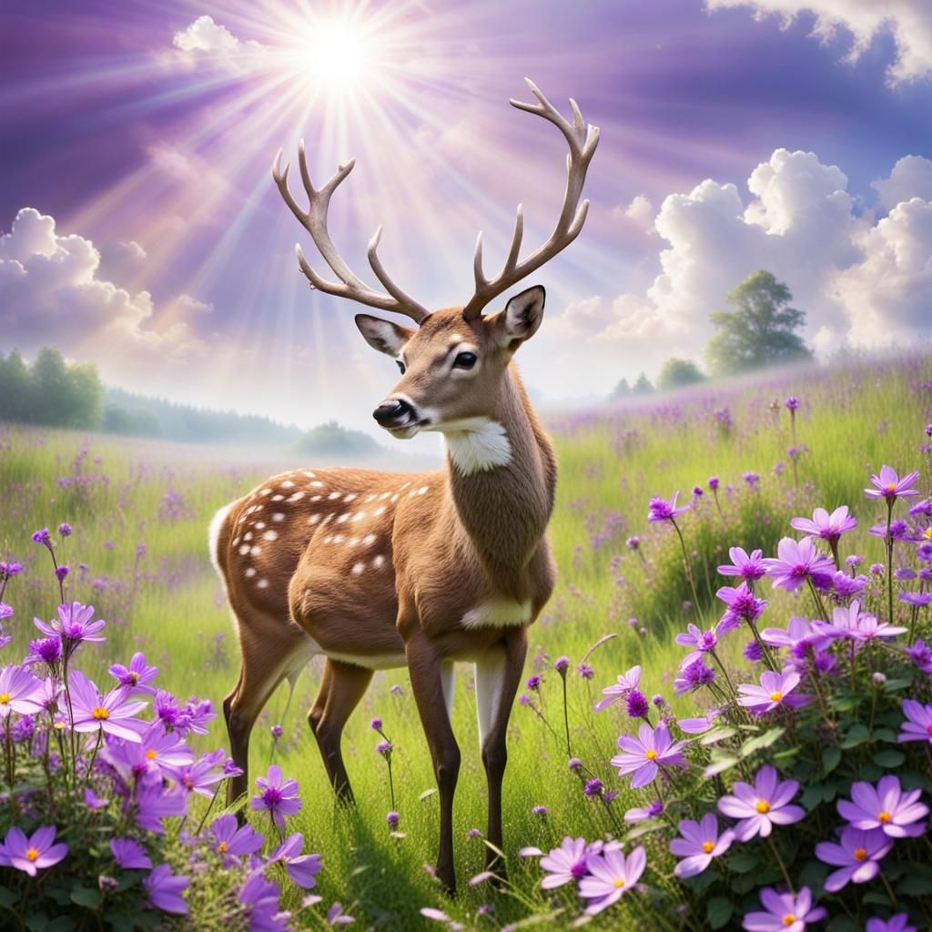 Deer in Meadow with Purple Flowers in Sunlight