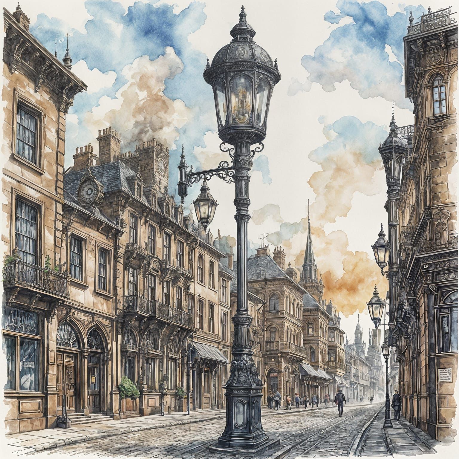 Victorian Steampunk Lamppost on Cobbled Street