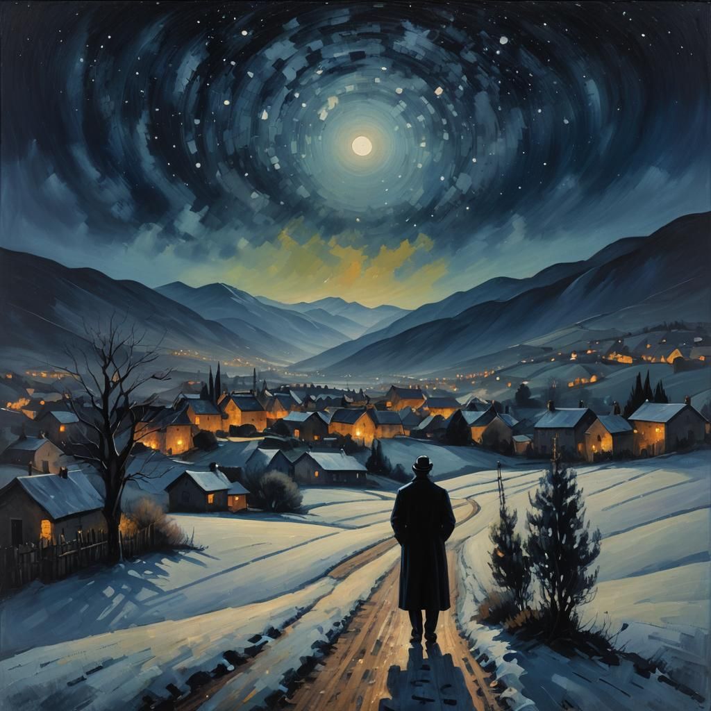 Starry Night Oil Painting with Expressive Brushstrokes