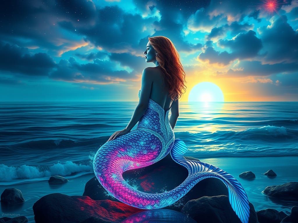 Hyperrealistic digital painting of a bioluminescent mermaid ...