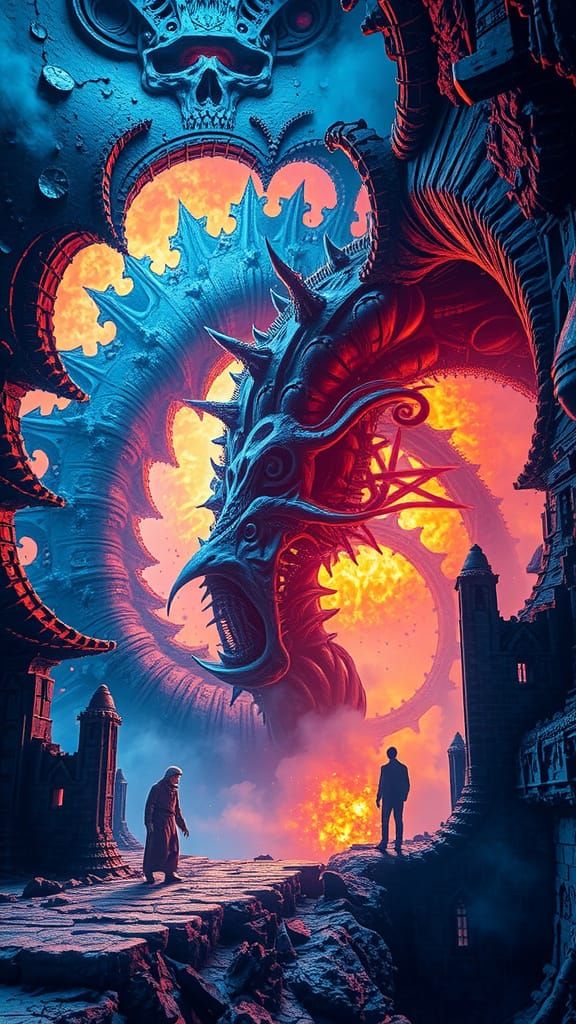 Fractal Spiral with Nightmarish Beast and Ashen Ruins.