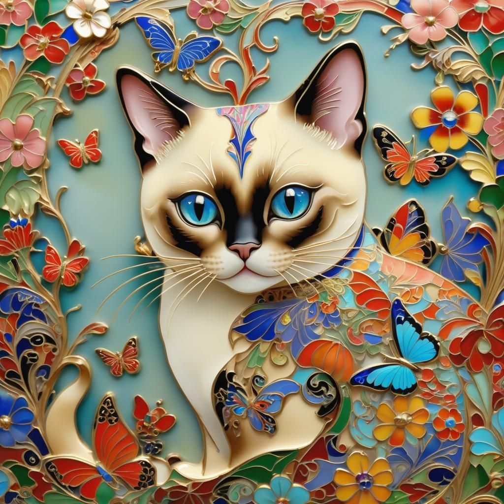 Art Nouveau Siamese Cat with Butterfly in Cloisonne