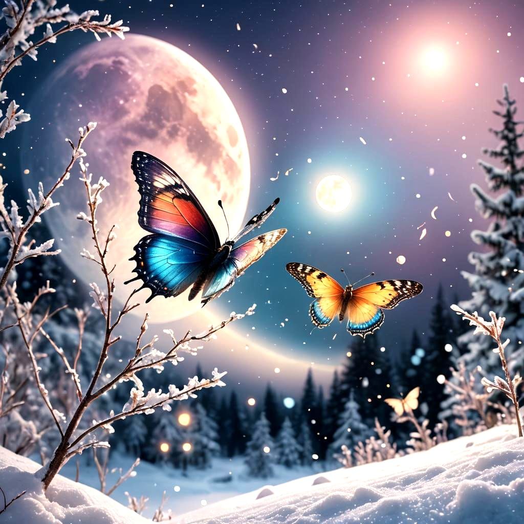 Butterfly in Bubbles Snow Under Colorful Moonlight