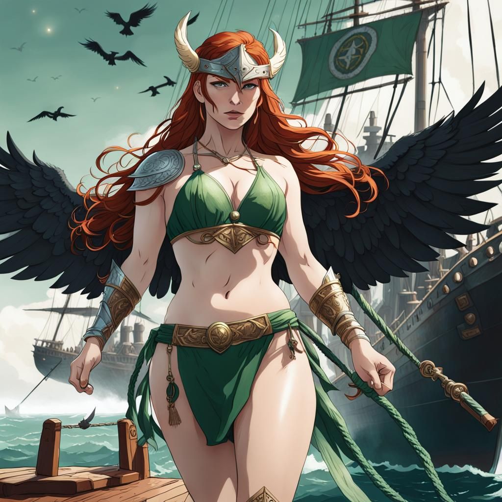 Redhead Valkyrie on Norse Warship Deck