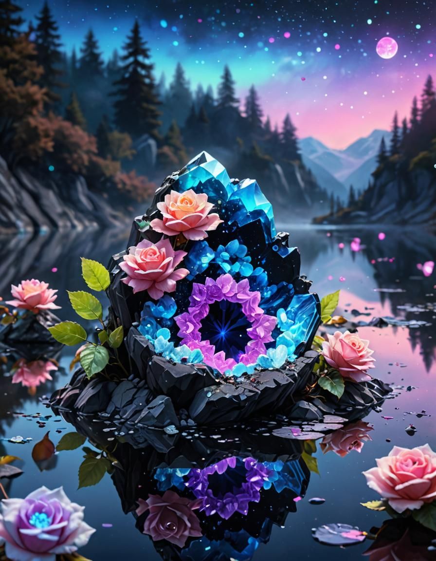 Neon Crystal Geode on Lake in Watercolor Hologram