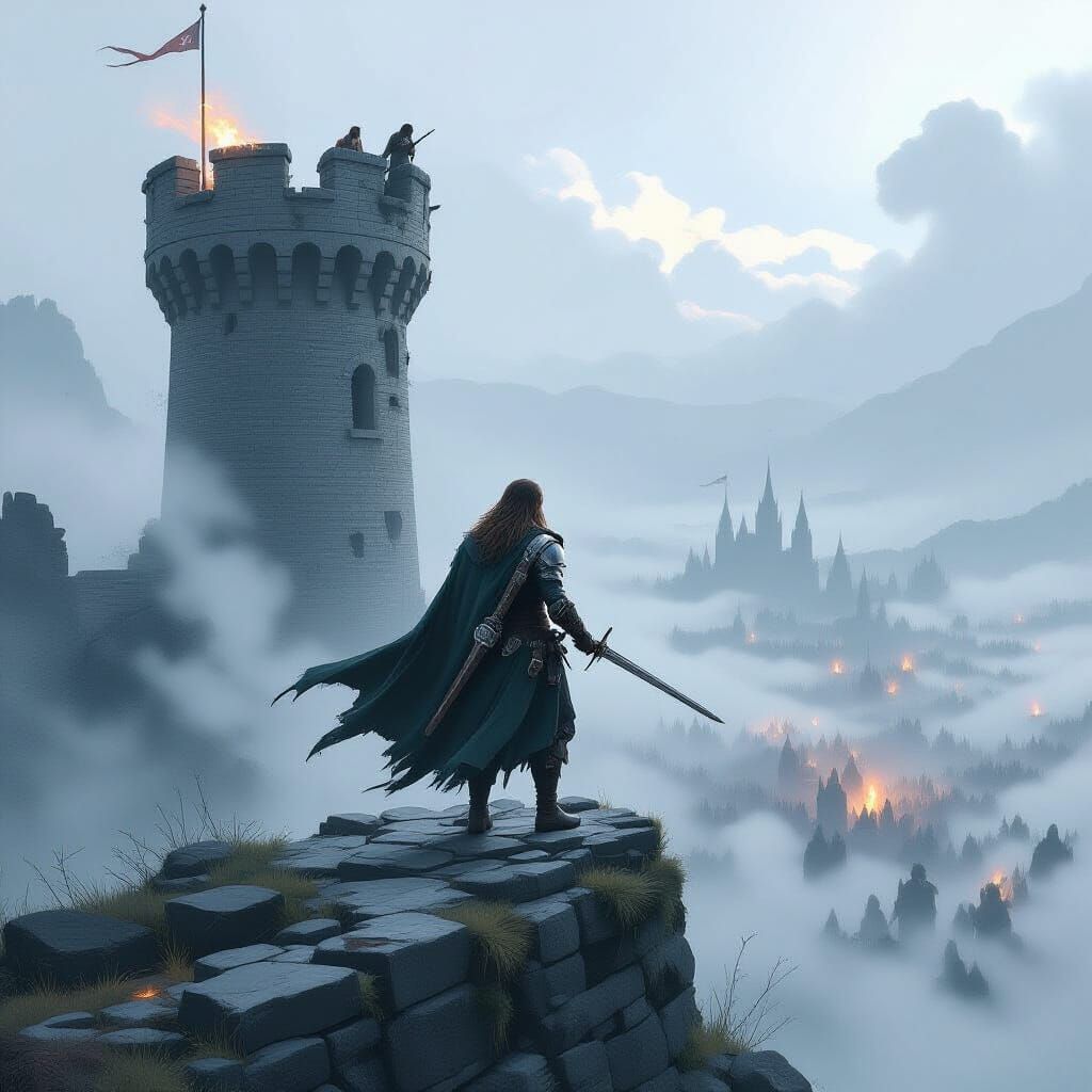 Hobbit Ranger on Watchtower Overlooking Misty Battlefield