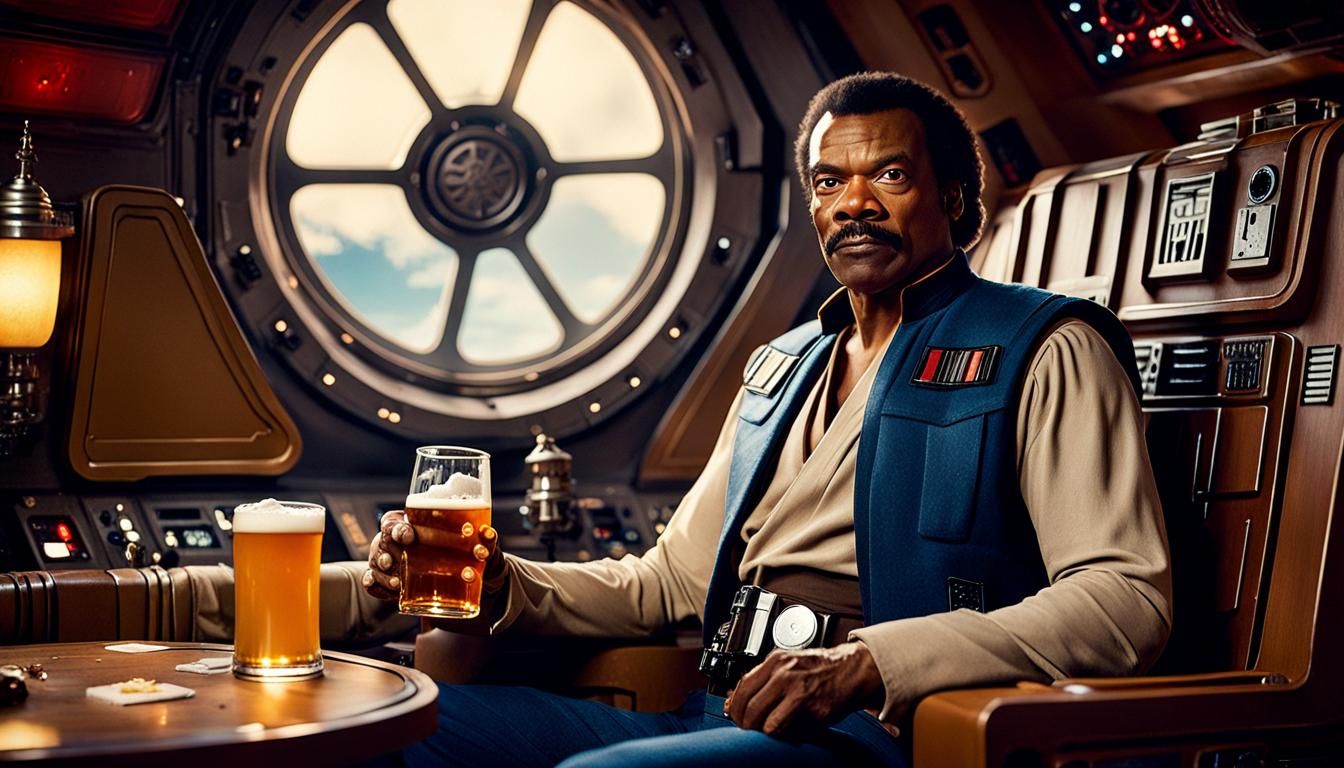 Lando Calrissian, the charismatic and smooth-talking character from the Star Wars universe, relaxing in aboard the Mille...