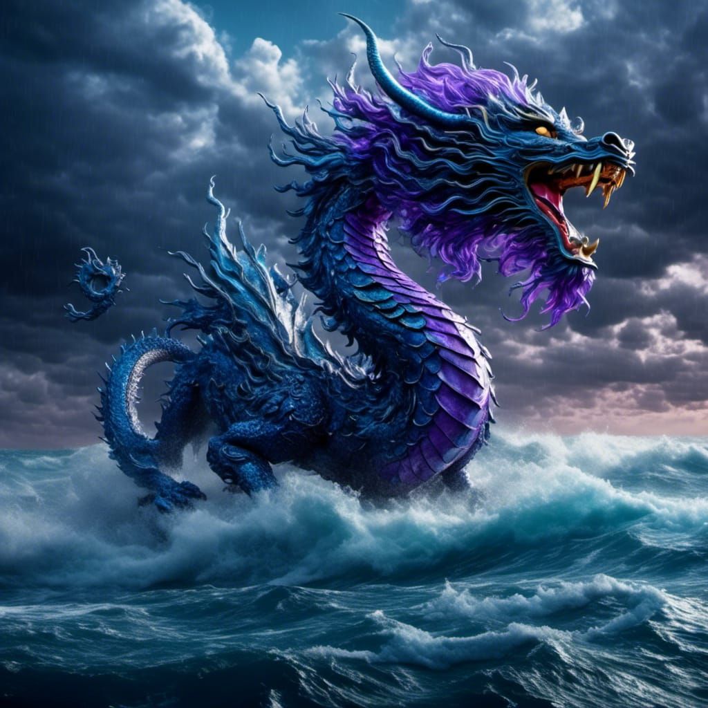 Wingless Chinese Dragon Over Raging Sea