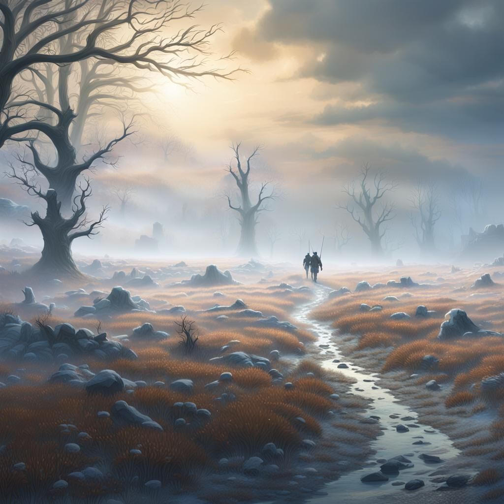 Hunters in a Misty Winter Landscape Painting