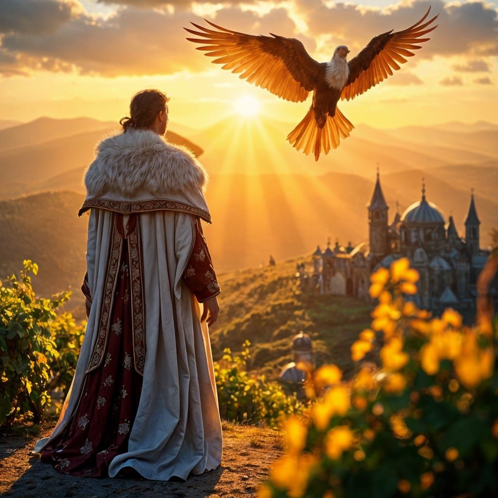 Tsar in Regal Attire Surveys Vineyard Amidst Obsidian Struct...