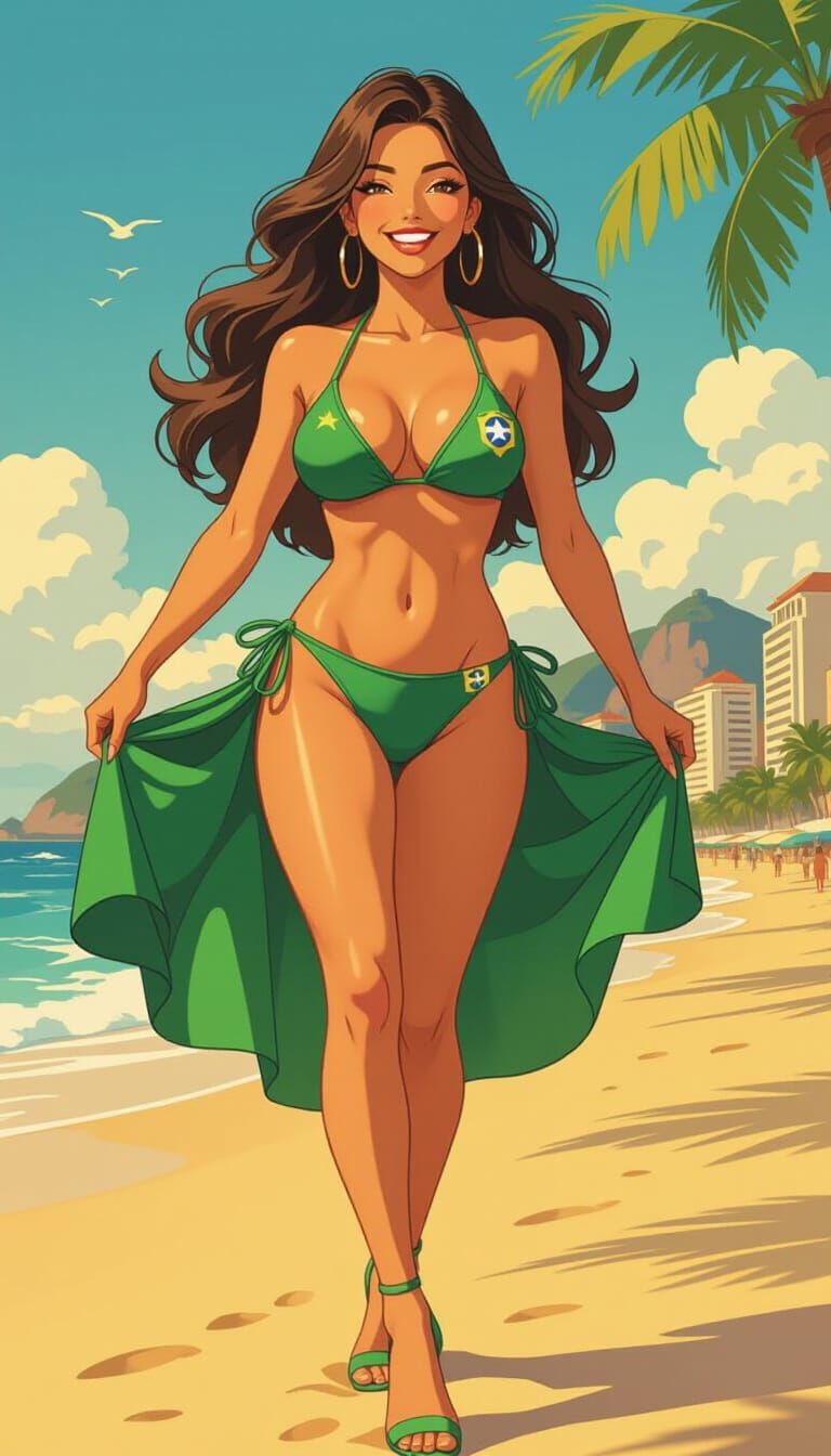 Brazilian Bombshell in Green Bikini Dancing on Copacabana Be...