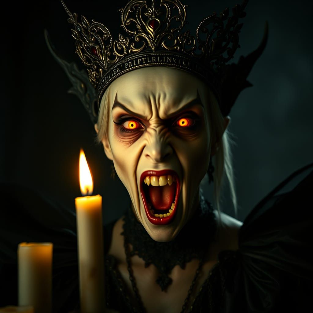 Ethereal Vampire Queen in Dark Regalia Screams with Fury