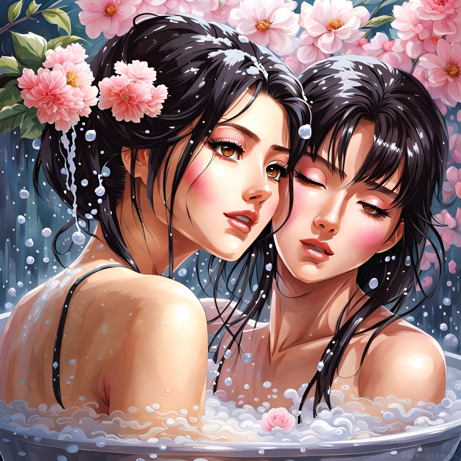 Intimate Bathing Scene of Two Dark-Haired Women