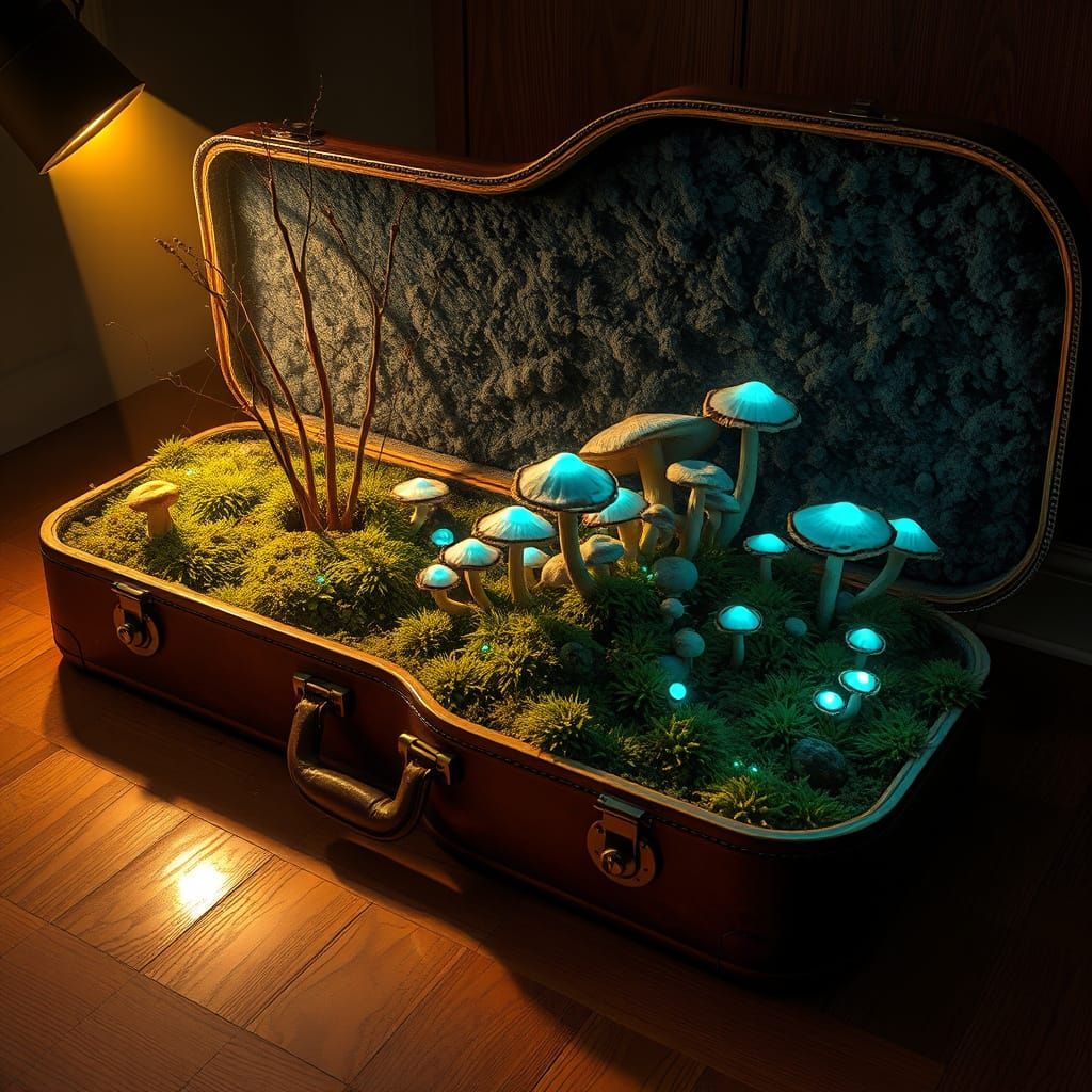 Mossy Guitar Case with Bioluminescent Fungi