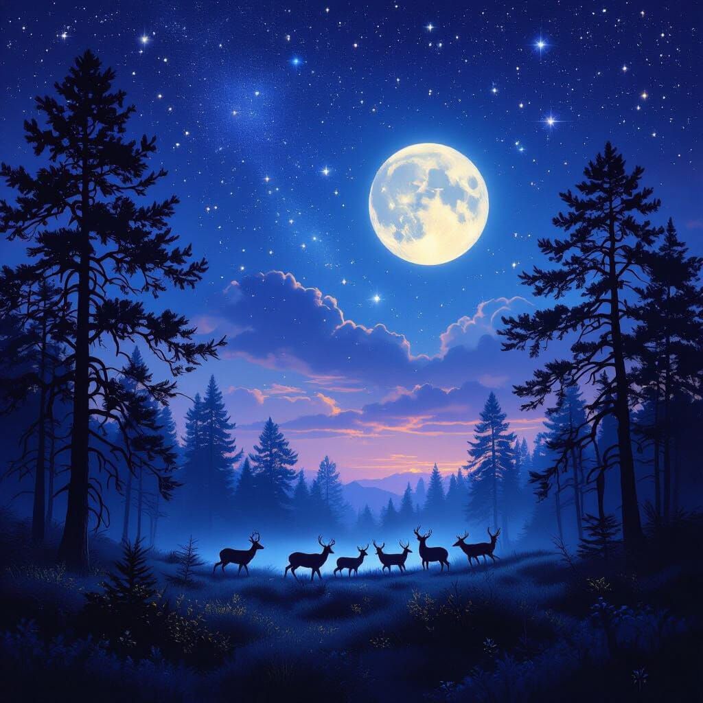 Starry Night Forest Scene with Deer in Fantasy Art Style