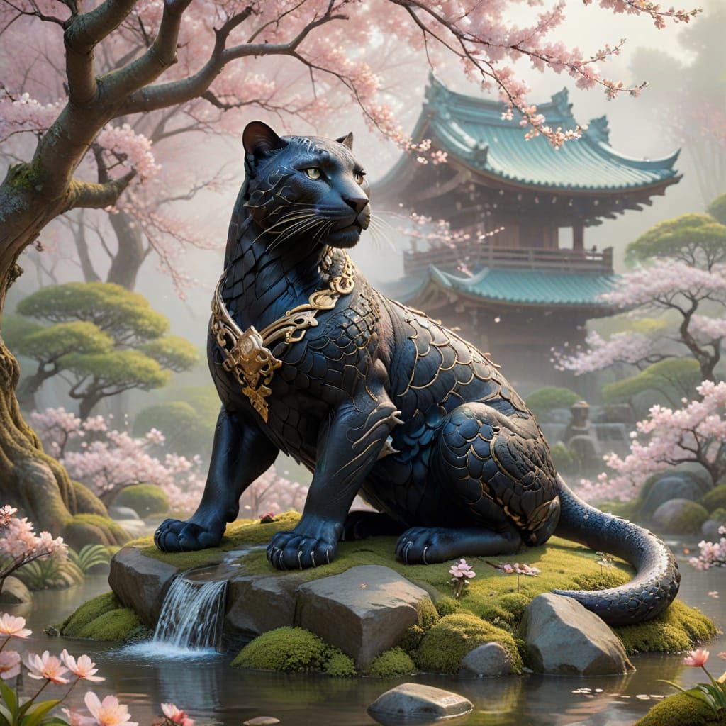 Majestic Shadow Panther in Zen Garden, Traditional Japanese ...