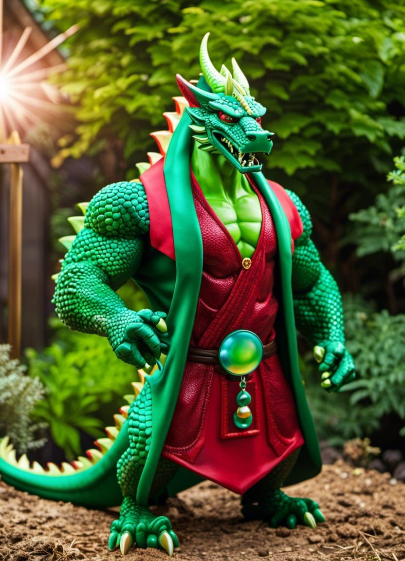 Wise Dragon Bodybuilder Flexing in Garden
