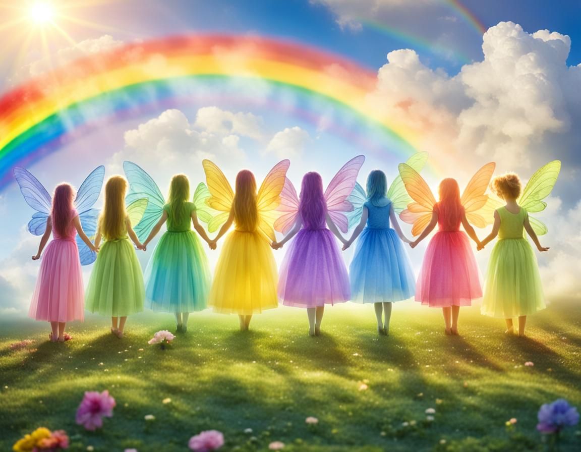 Rainbow Fairies in a Row Under Rainbow Sky