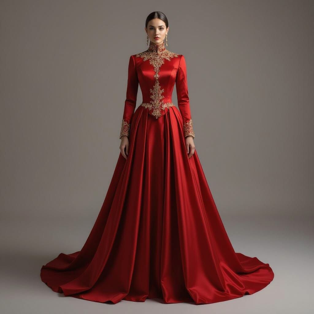Victorian Red Gown with Gold Embroidery