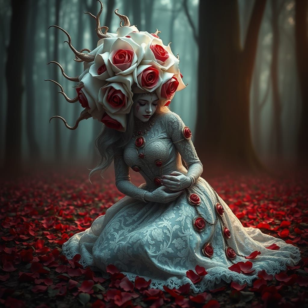 Mystical Lady in Lavish Rose Gown, Praying in Ethereal Fores...