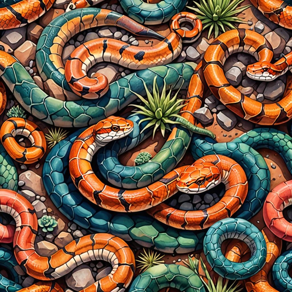 Snakes Entwined in Desert: 3D Vector Watercolor