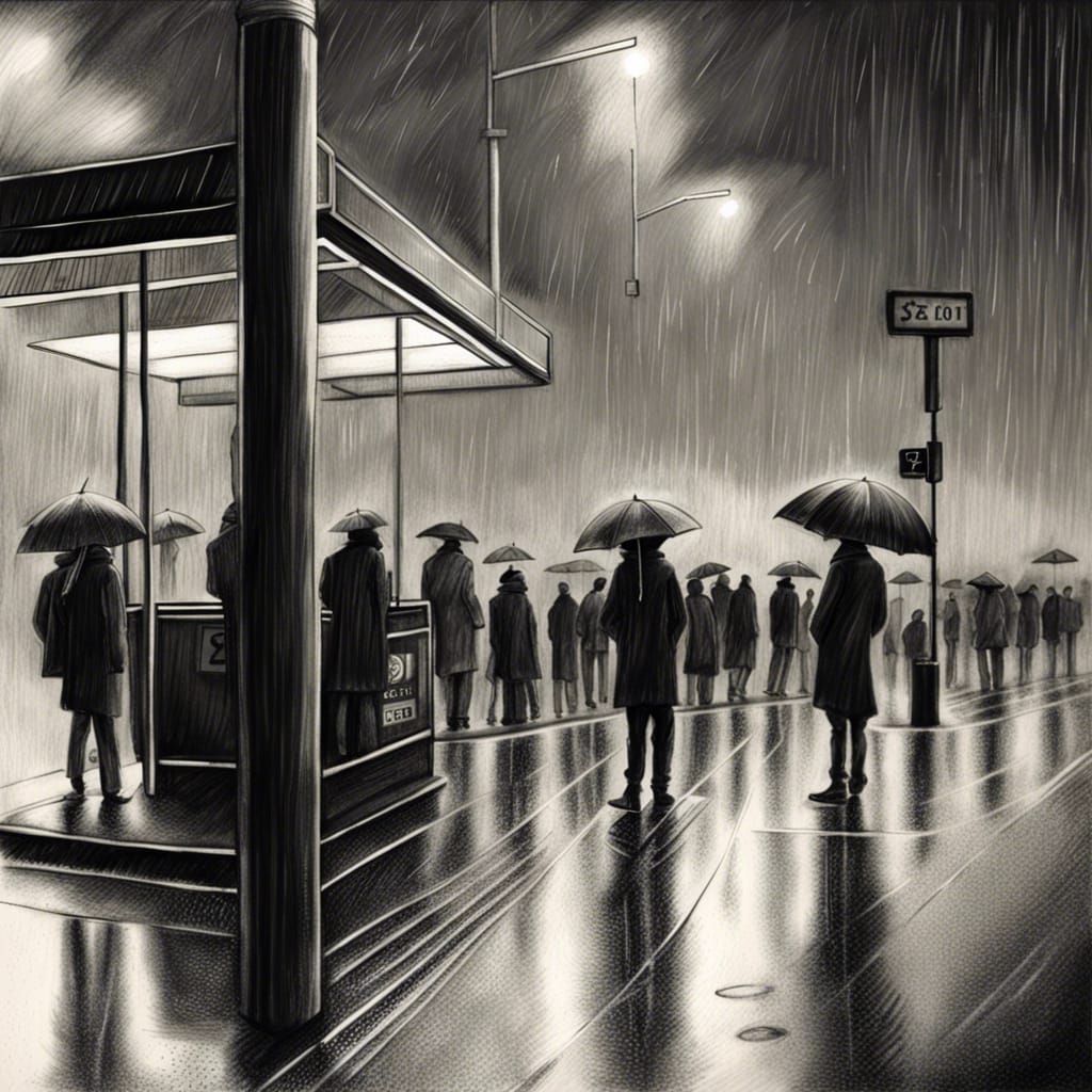 Rainy Bus Stop: Detailed Charcoal Drawing