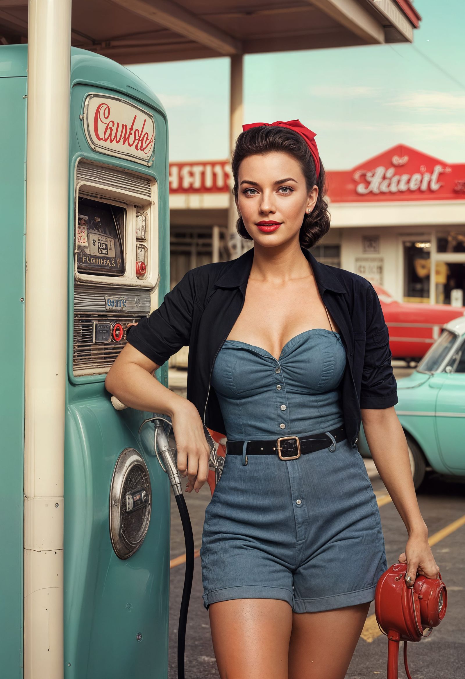 1950s Pin-Up Woman at Vintage Gas Station