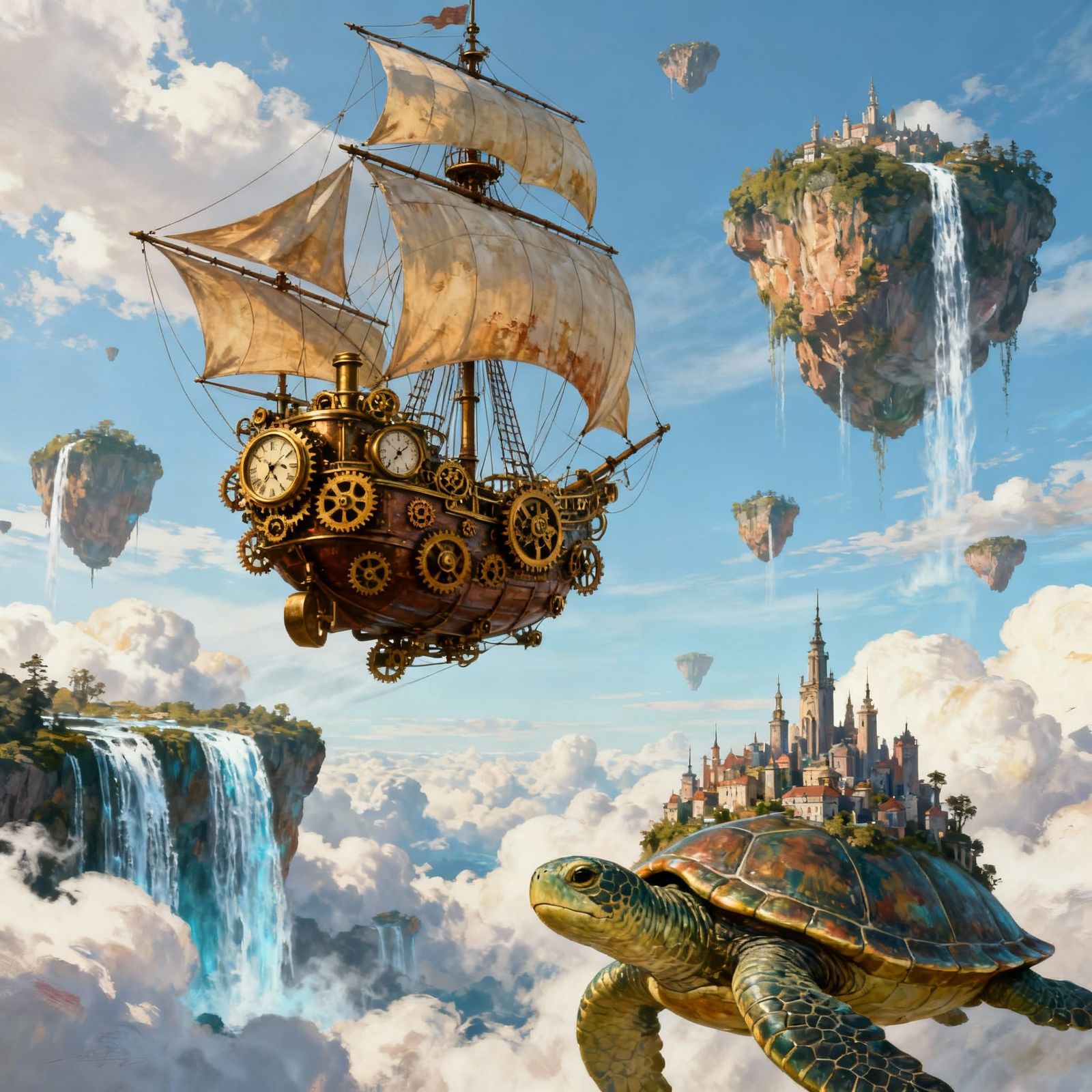 Steampunk Airship Navigates Floating Islands and Turtle City
