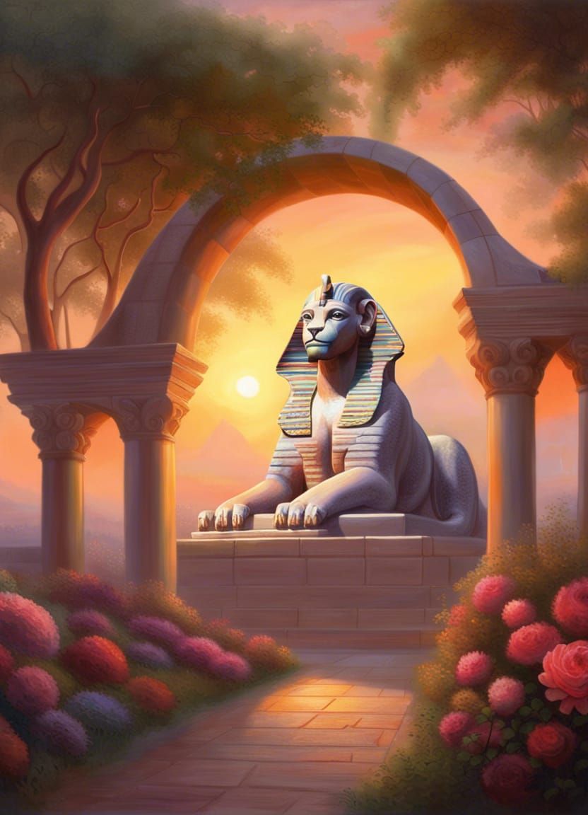 Giza Sphinx Oasis Sunset in Oil Painting Style