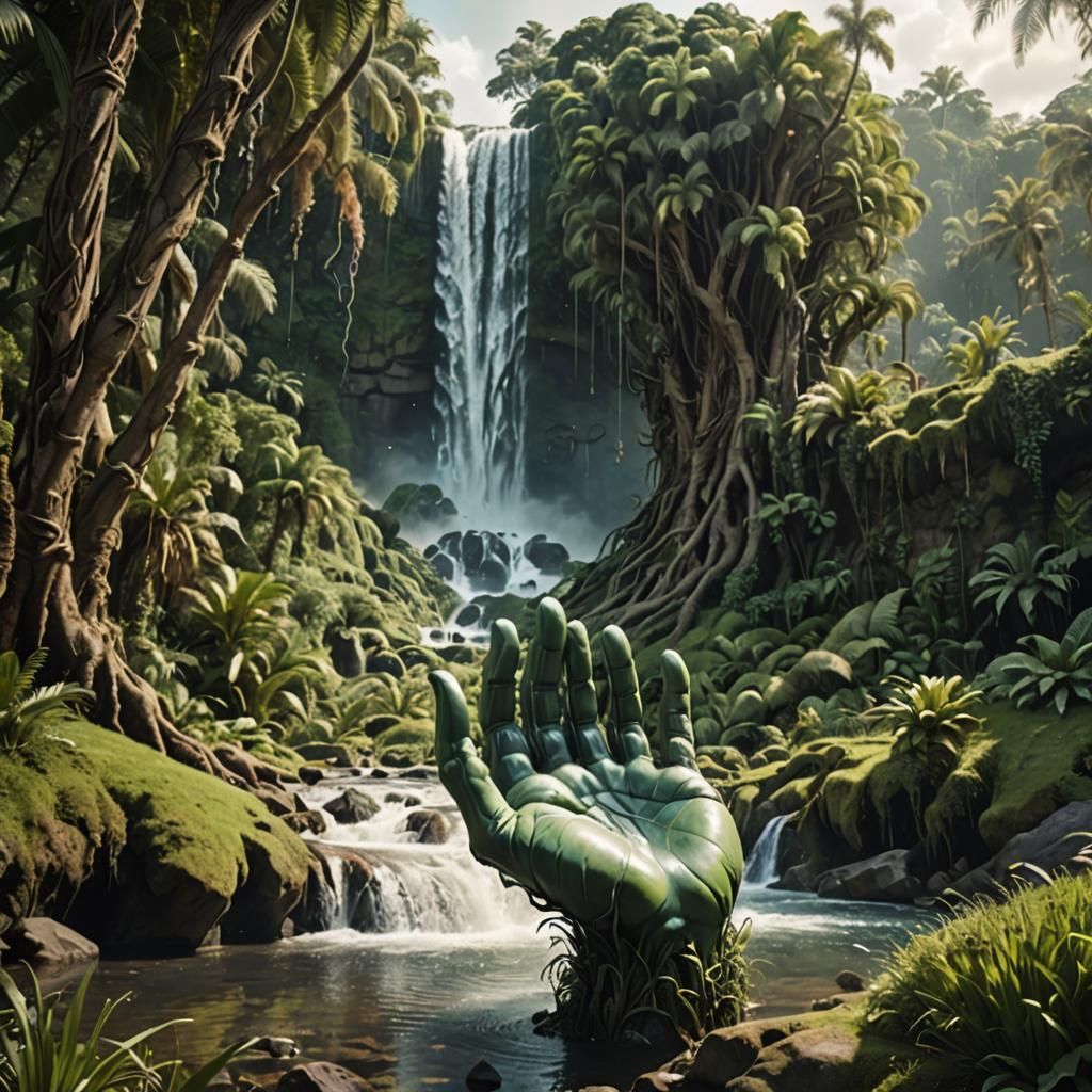 Giant Hand Emerges in Surreal Landscape