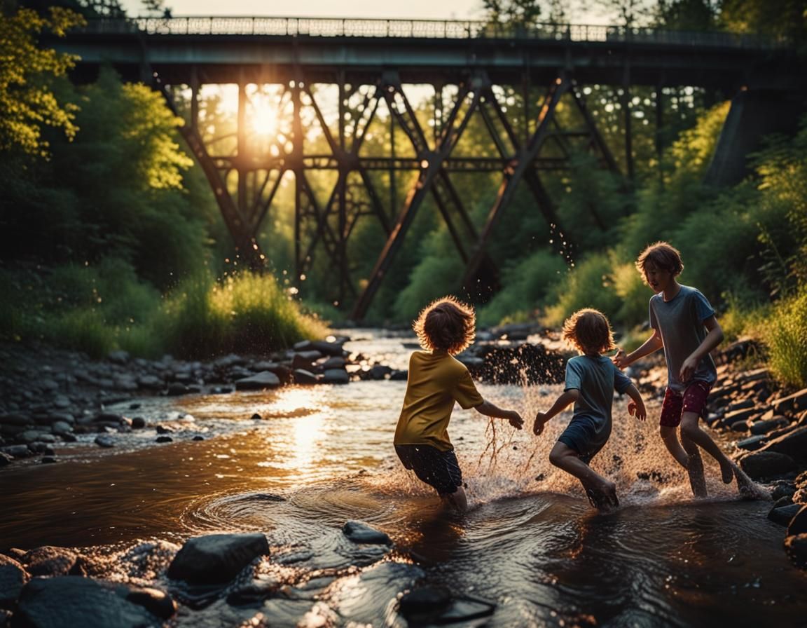 Children Splash in Brook Under Steel Bridge