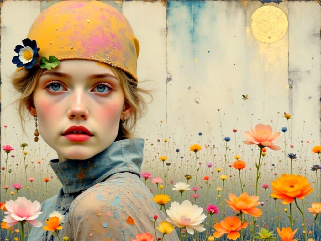 Woman with Floral Background in Klimt Style