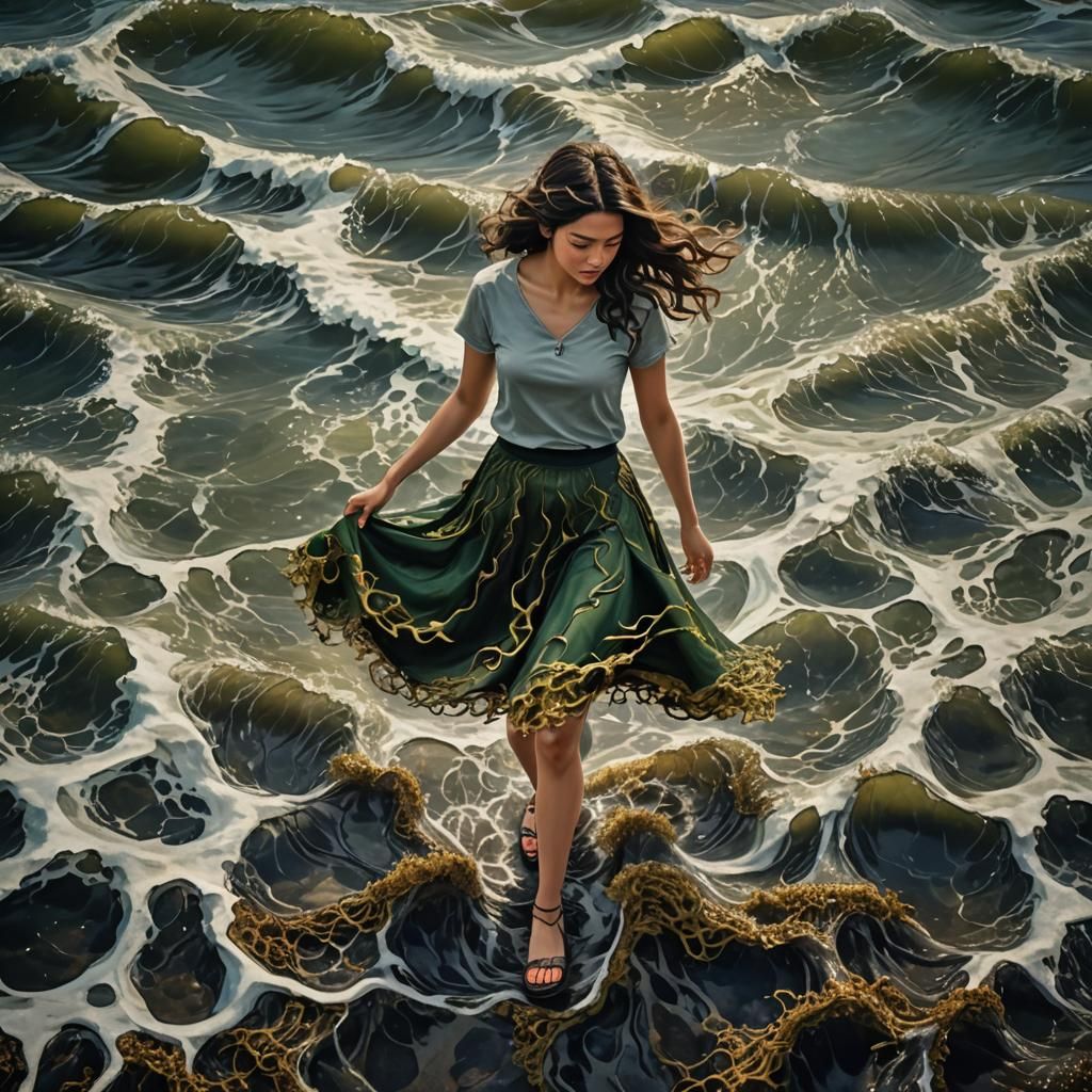 Elegant Woman in Seaweed Fashion, Hyperrealistic Image