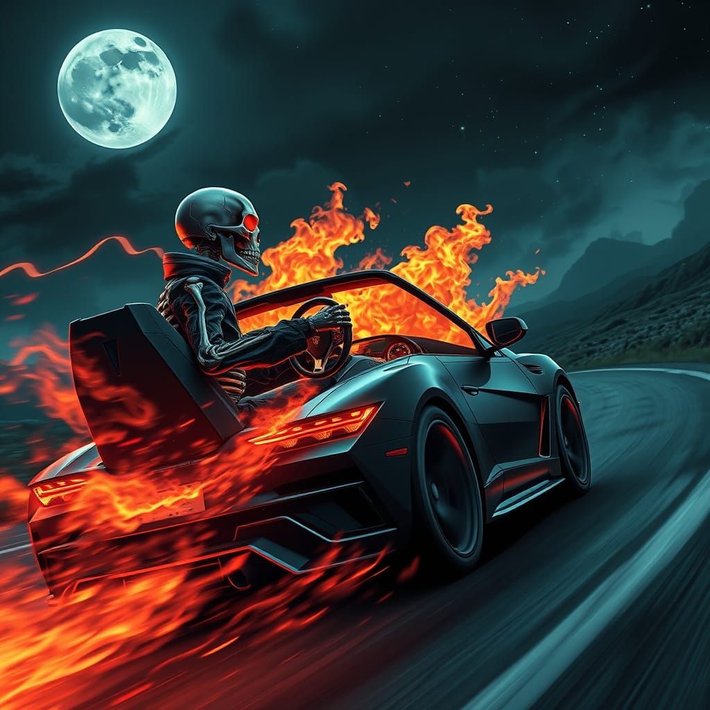 Skeleton driving a urus at night on fire