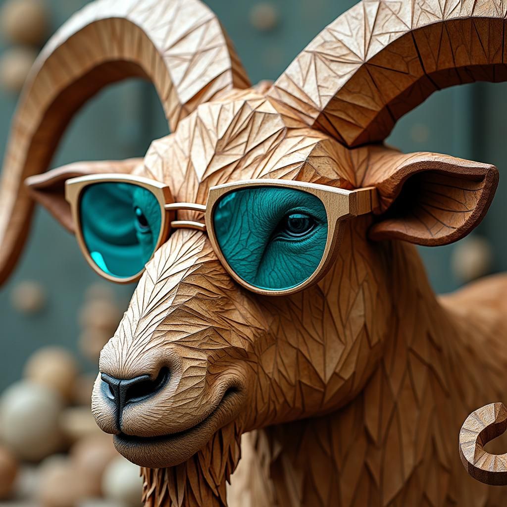 Geometric Wooden Goat Carving with Teal Epoxy