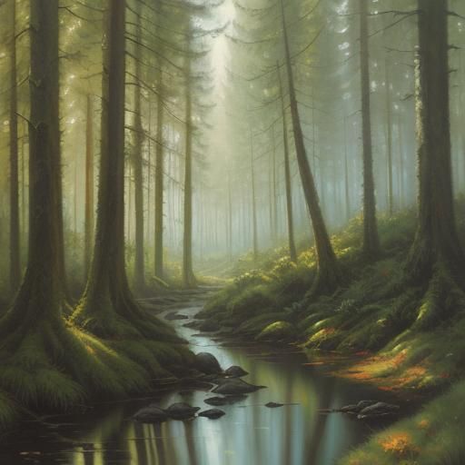 Lush Forest Oil Painting in Gurney Style