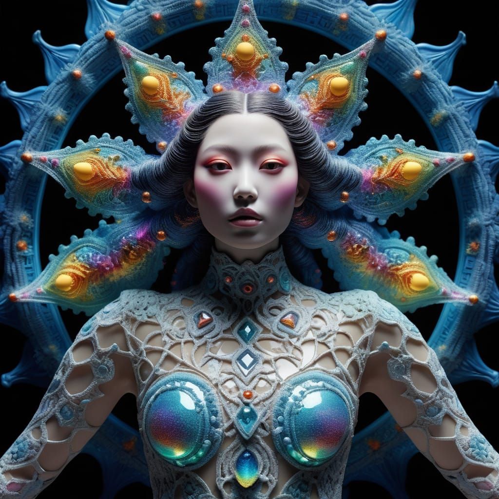 Surrealistic Grotesquecore Goddess in a Spiral of Vibrant Fl...