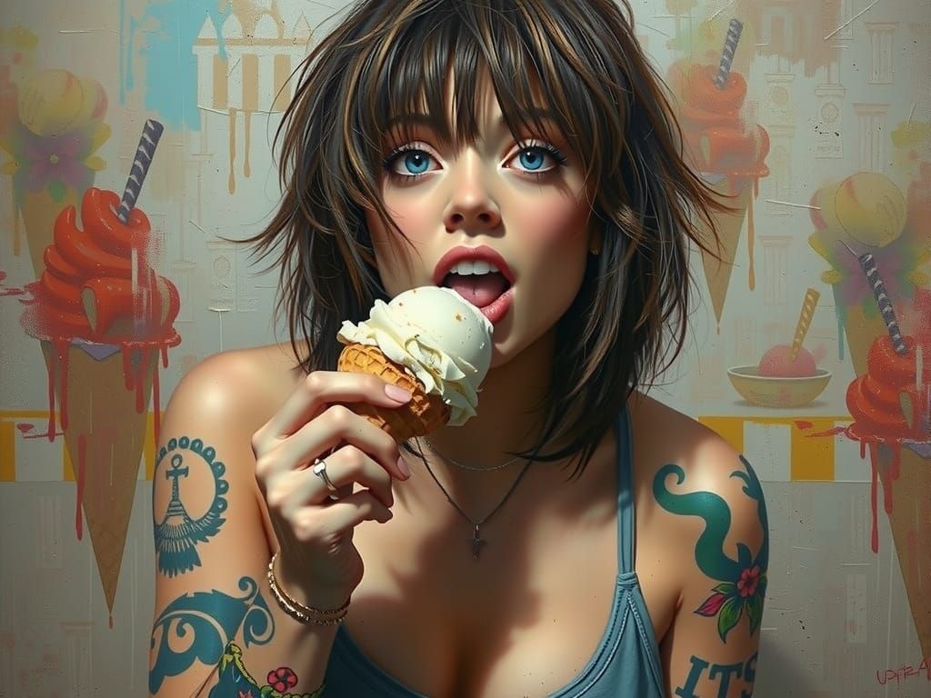 Woman Licking Ice Cream in Hyperrealistic Oil Painting