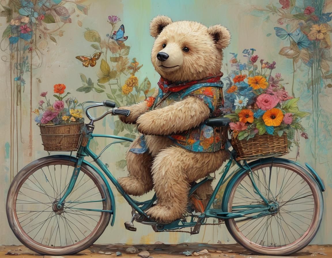 Cute Teddy Bear Cycling in Vibrant Storybook Style
