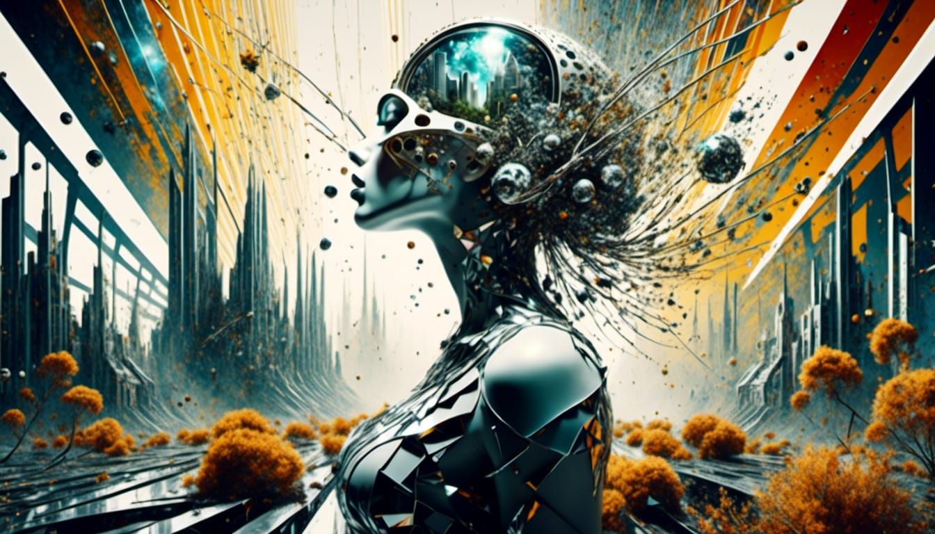 Cyborg Woman in Shattered, Futuristic Forest