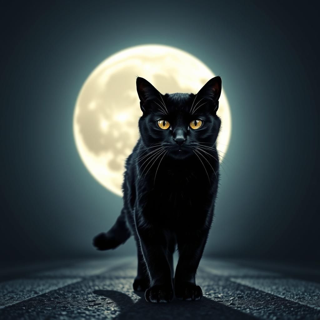 Superstitious Black Cat Under a Full Moon