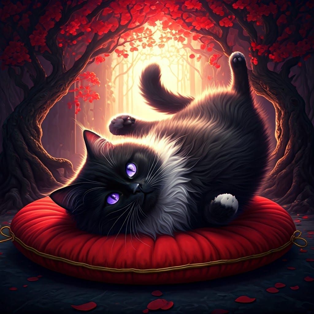 Black Cat with Violet Eyes on Red Cushion