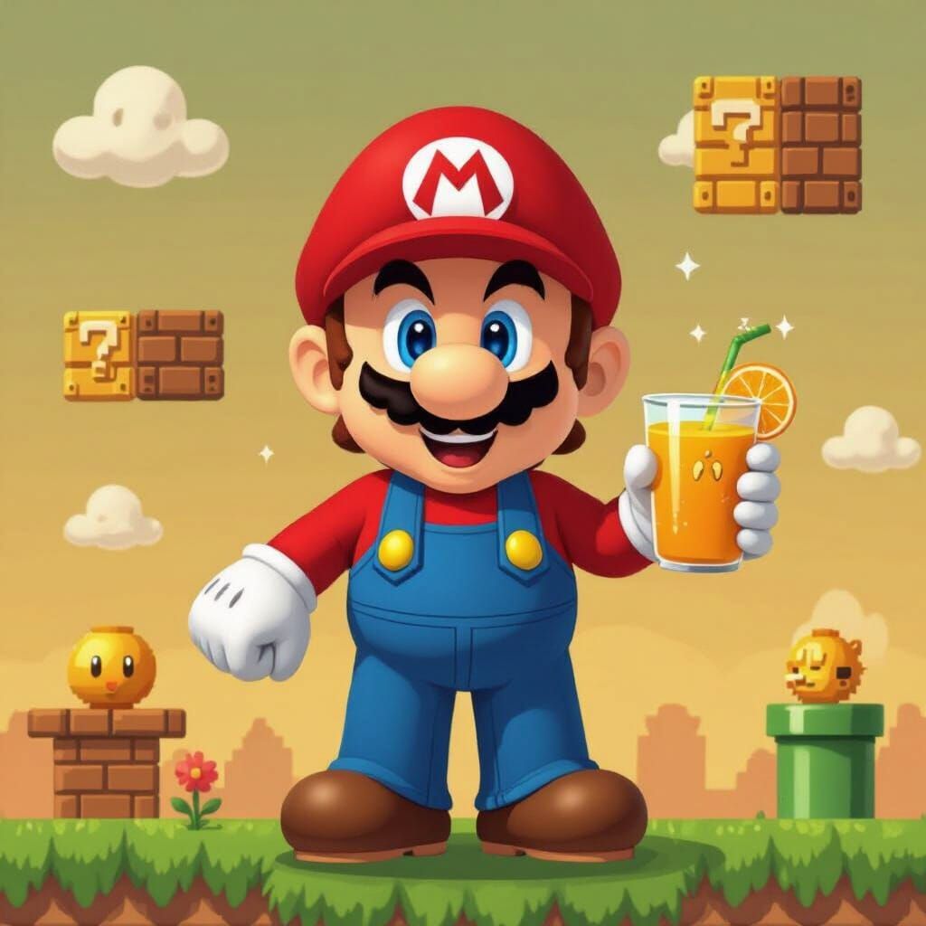 Super Mario and Luigi Offer Orange Juice, Cartoon Style