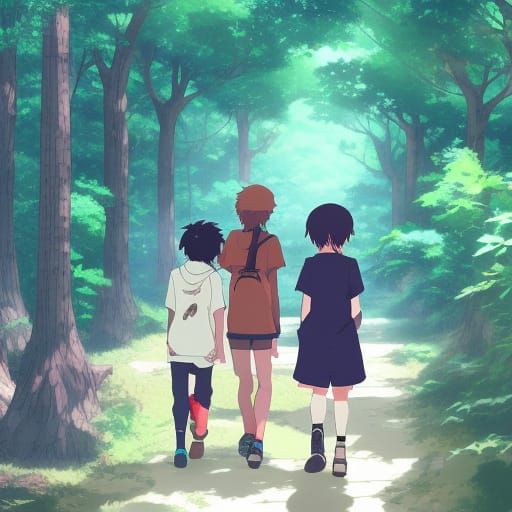 Young Adventurers Explore Forest in Anime Style