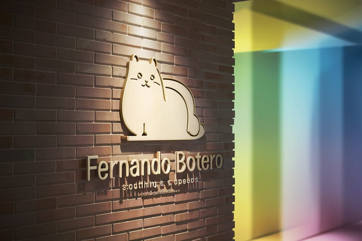 Botero Style Minimalist Logo of Cat on Wall