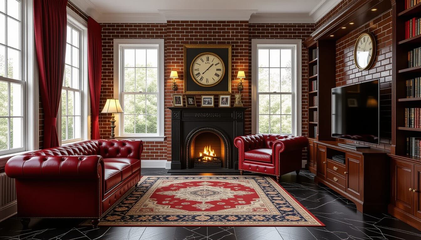 Victorian Living Room with Leather Sofa and Fireplace