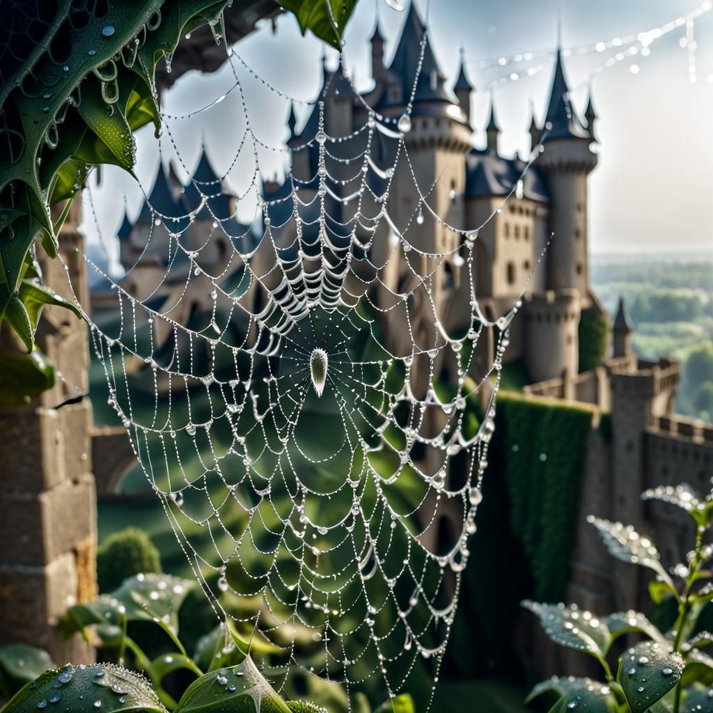 Castle View Through Spiderweb in Hyperrealistic Style