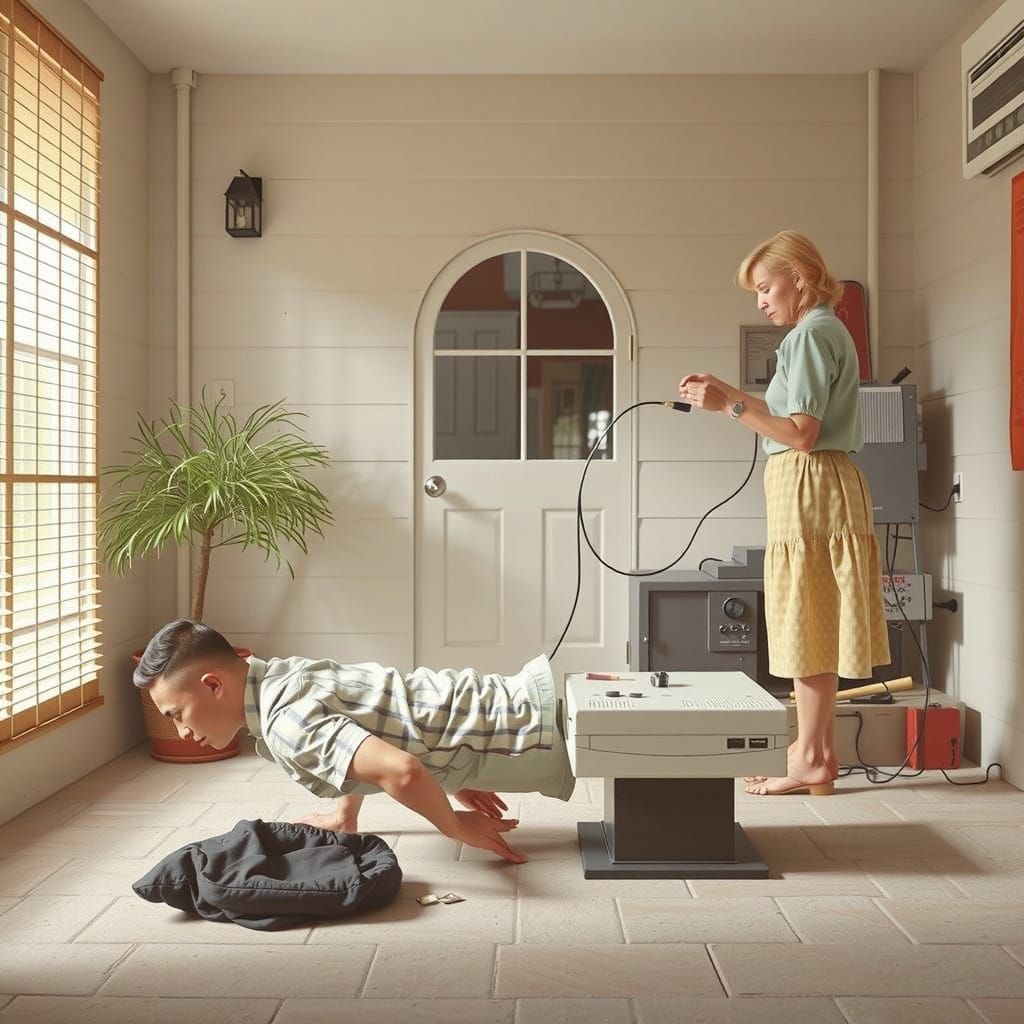 Peruvian-Americans Repairing Vintage Computer in Black and W...