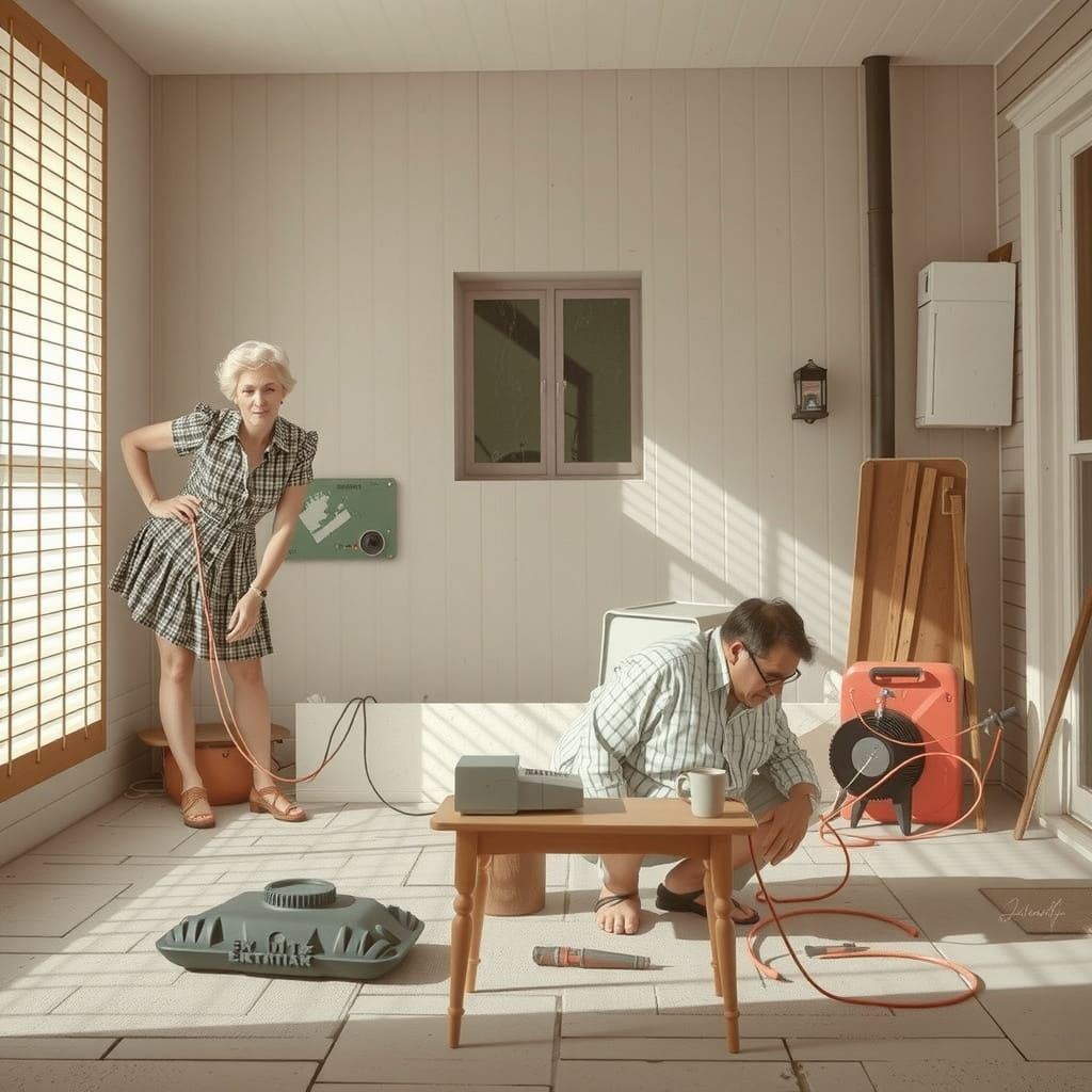 Elderly Couple Repairs Vintage Computer, Nostalgic Art Style